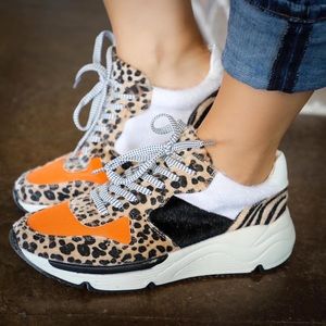 Orange leopard wedge sneakers